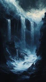 Storm-sculpted abyssal canyon with cascading glacial waterfalls