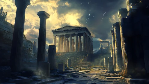 Digital painting of monumental ruined temple in dusk light.