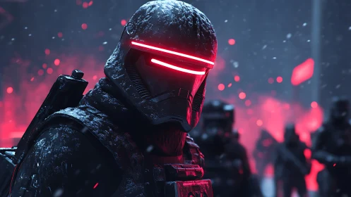 Snow‑dusted cyber soldier glowing with bold red visor.