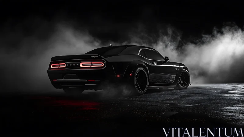 Glossy black muscle car emerges through cinematic backlit smoke