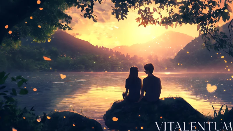 Two figures silhouetted against luminous sunset over mountain lake