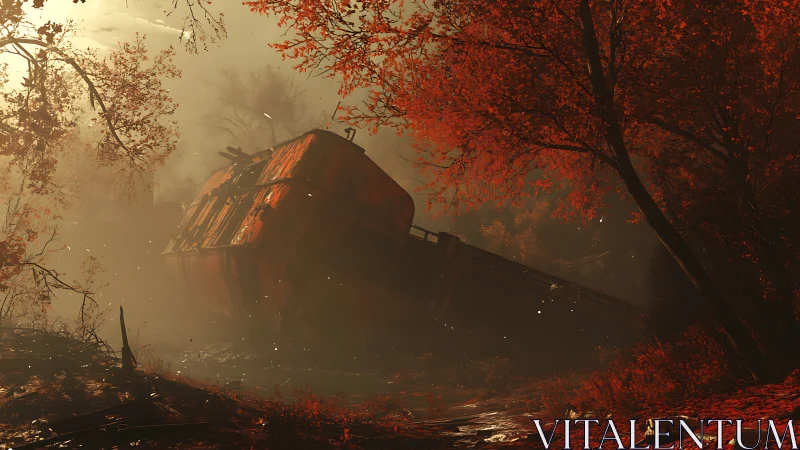 Derelict freight car amid dense red autumn woodland.