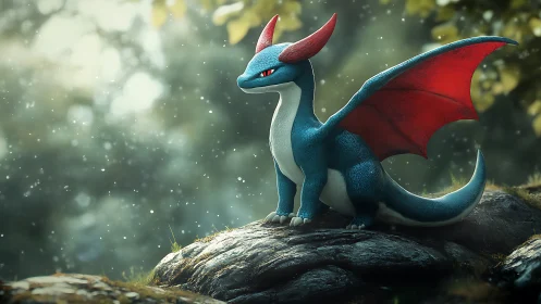 Rain-kissed baby dragon guards a mossy forest overlook.