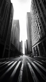 Monochrome urban canyon with empty avenue and high-rises