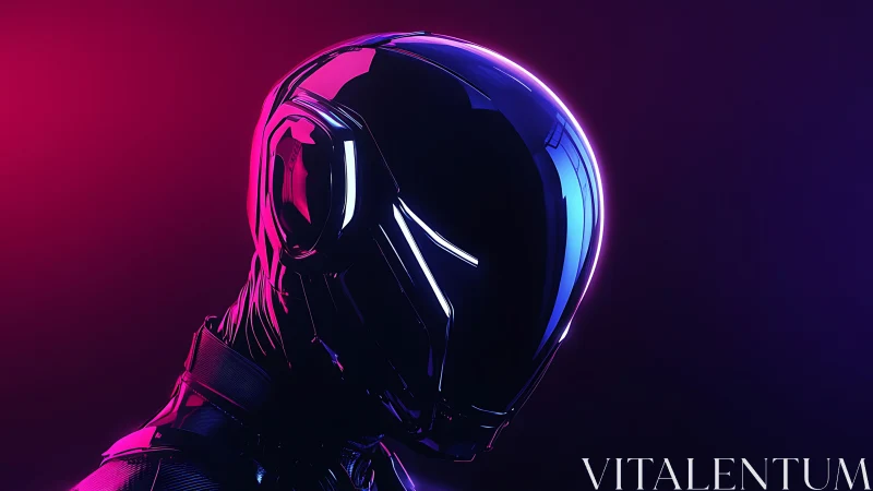 Neon cybernetic helmet silhouette under dual-tone light.
