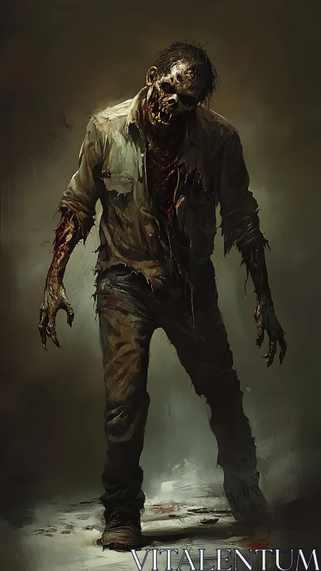 Decaying zombie figure advances in high-contrast horror lighting