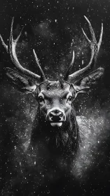 Majestic stag emerges from cosmic snow in monochrome silence.