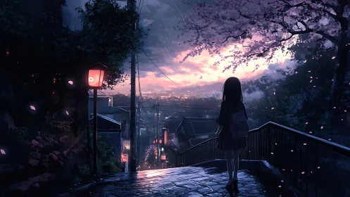 Twilight hillside path with girl overlooking luminous cityscape.