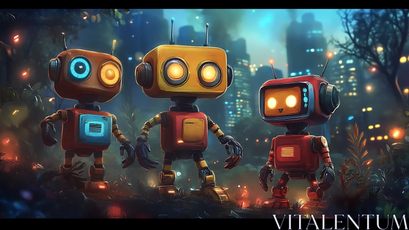 Cozy robot trio exploring a glowing cityside twilight grove.