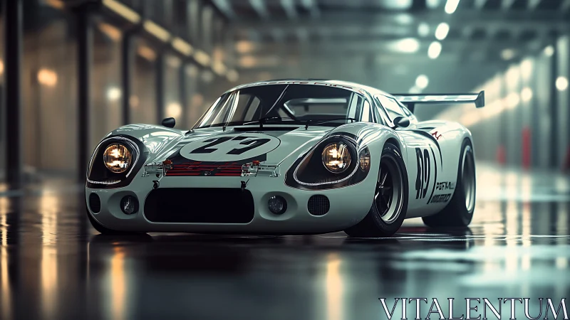 Photorealistic endurance race car in glossy pit-lane setting.