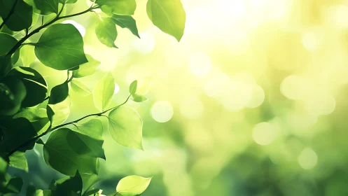 Sunlit Green Leaves Close-Up with Soft Bokeh Background.