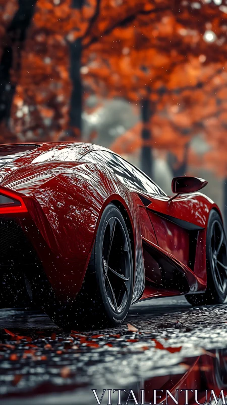 Scarlet supercar gleams through autumn rain on city avenue