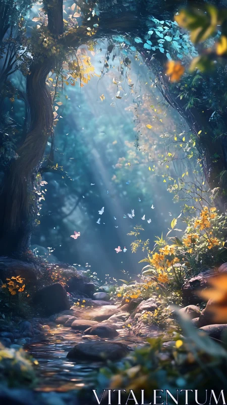 Forest glade with stream, flowering plants and butterflies.