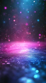 Neon bokeh particles drift above reflective glitter surface.