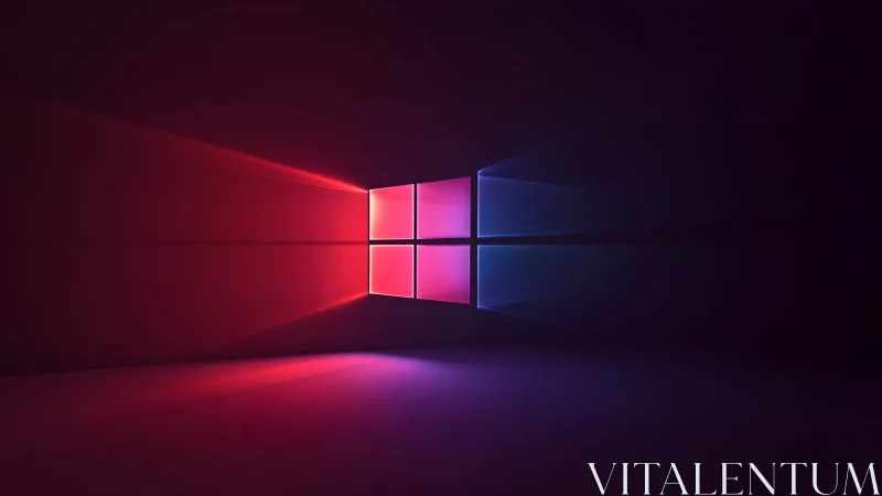 Windows logo with neon red and blue lighting in dark digital style.