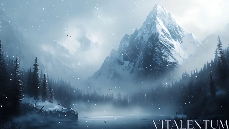 Glacial mountain massif rises through atmospheric winter haze