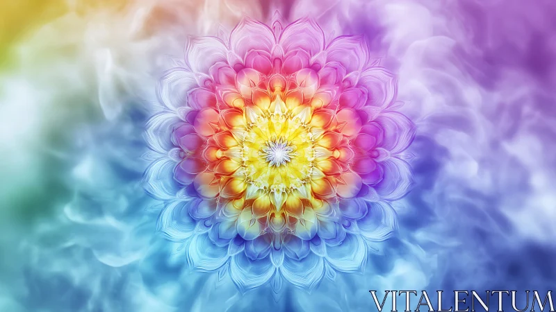Radiant fractal flower glows in swirling rainbow mist.