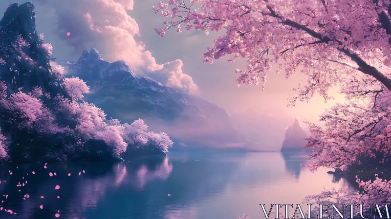 Pastel cherry blossom valley reflects over tranquil mountain lake