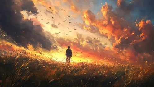 Solitary figure beneath blazing sunset cloudburst horizon.
