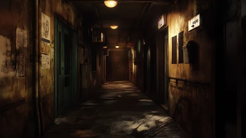 Dim corridor with aged doors and wall-mounted fixtures.