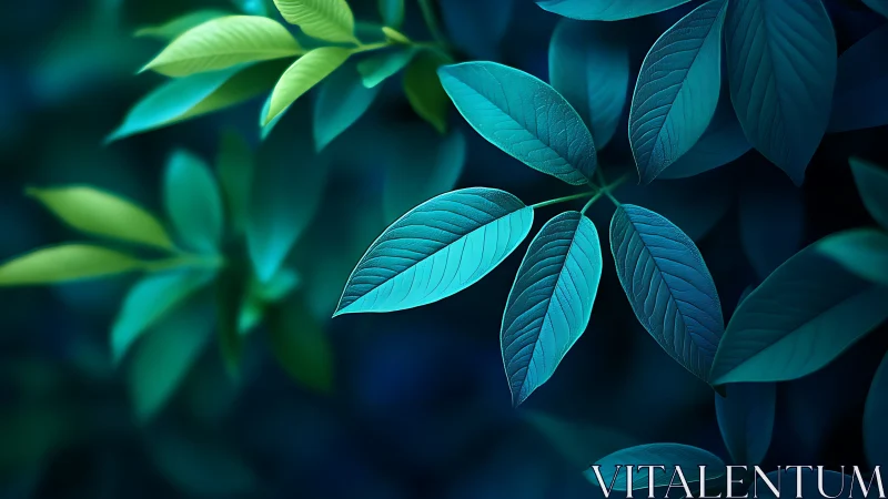 Luminous teal foliage against deep blue forest blur.