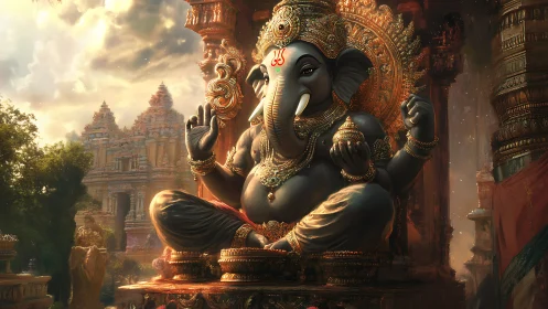 Ganesh monument in hyper-detailed temple environment rendering.