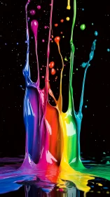 Vertical streams of multicolored liquid paint on black background.