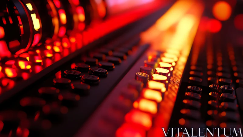 Glowing audio mixing console with red and orange backlighting.