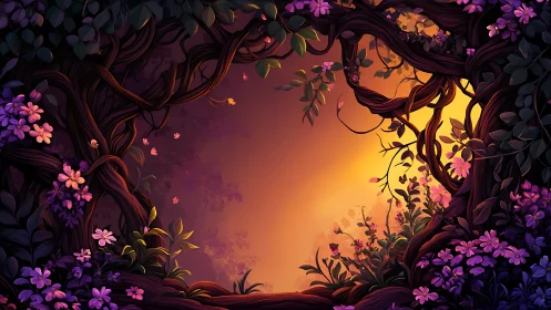 Digital painting depicting nocturnal garden landscape with twisted vines framing golden light source