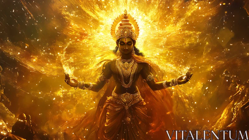Divine radiant deity in symmetrical golden energy field digital painting.