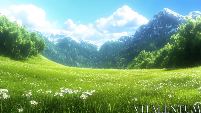 Sunlit alpine meadow with wildflowers and distant peaks.