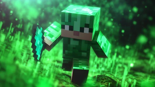 Voxel warrior sprinting through neon green particle field