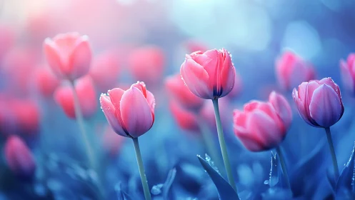 Pink Tulips Waltz Through Azure Dreams and Bokeh