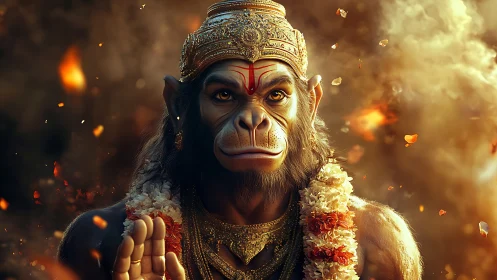 Radiant Hanuman deity emerges from swirling golden embers