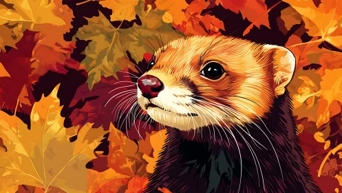 Curious ferret portrait nestled within vivid autumn leaves.