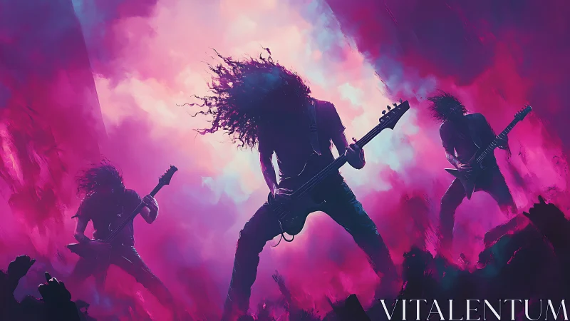 Rock band performs on stage with guitars in neon smoke