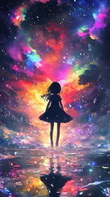 Silhouette of girl under vivid cosmic sky reflection.