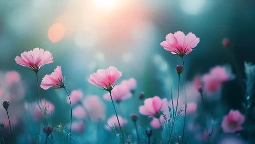 Pink carnations bloom in soft focus garden.