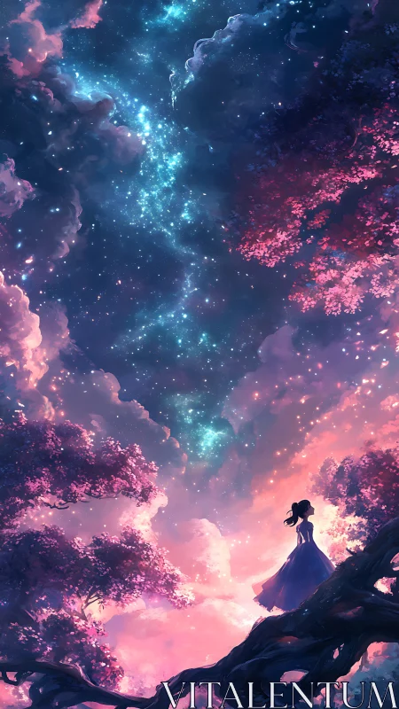 Silhouette girl observes starry sky above glowing forest