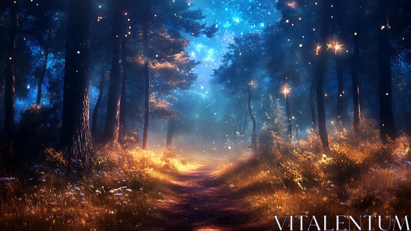 Enchanted Forest Path Glowing with Celestial Light.
