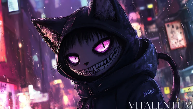 Neon city alley with sinister cat hooded figure at night.