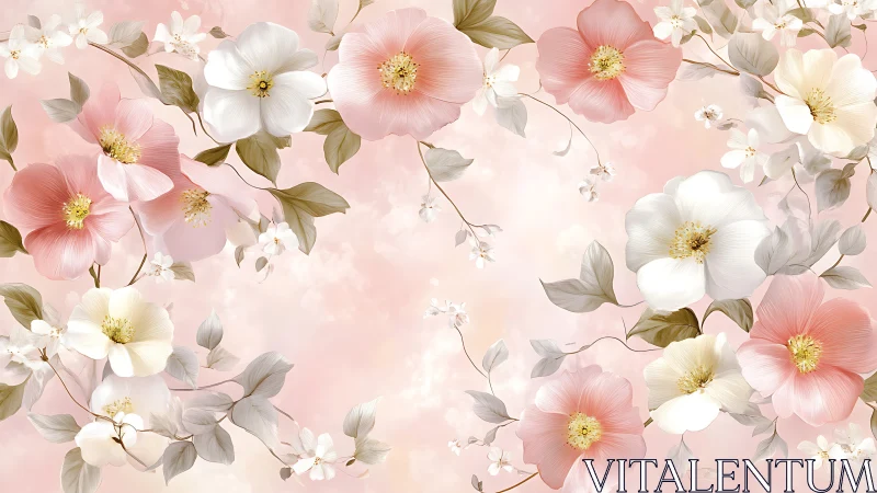 Gentle blush garden of pastel flowers on a dreamy sky background.