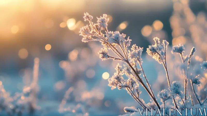 Frost kissed meadow plants glow softly in golden winter light