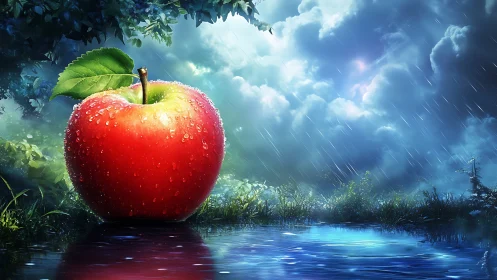 Luminous red apple rests beside a glowing rain kissed pond