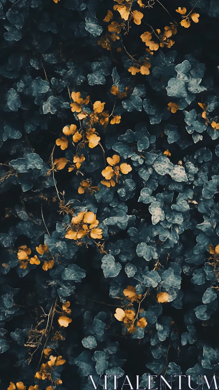 Cool-toned macro foliage pattern with selective warm color contrast