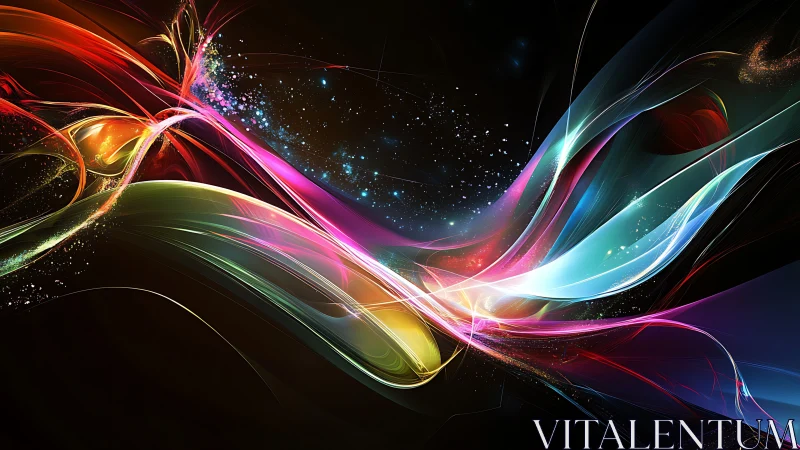 Spectral light ribbons arcing through deep black negative space