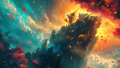 Skyward cliff dragon amid blazing celestial sunset vision.