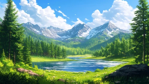 Mountain lake reflects snow peaks and dense evergreen forest
