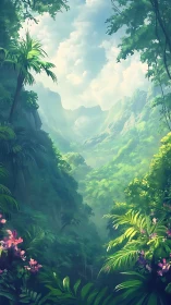 Mountain Valley Landscape with Dense Tropical Vegetation and Atmospheric Perspective