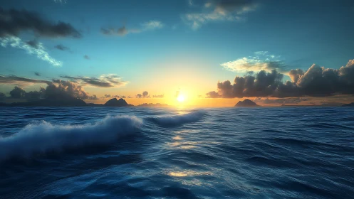 High-dynamic-range ocean sunset with volumetric clouds and waves